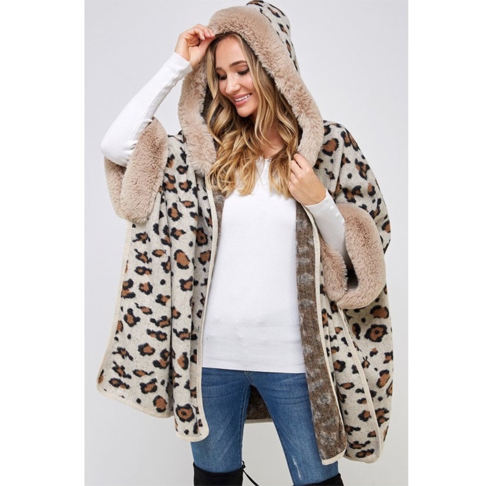 Animal Leopard Print Faux Fur Hooded Knit Poncho Cardigan Sweater Coat Jacket - Picture 1 of 7